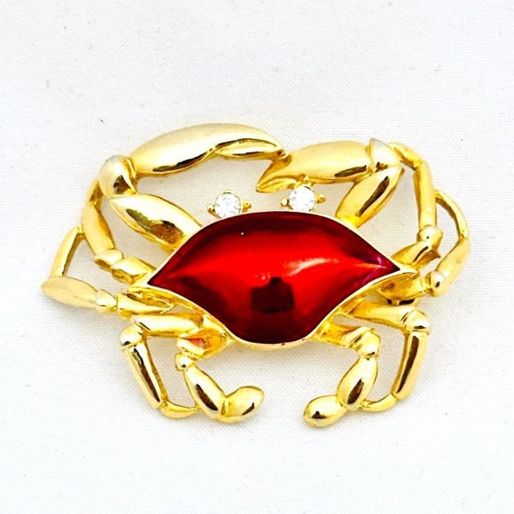 Crab Brooch Gold Tone w/Red Metallic Shell - Picture 1 of 6